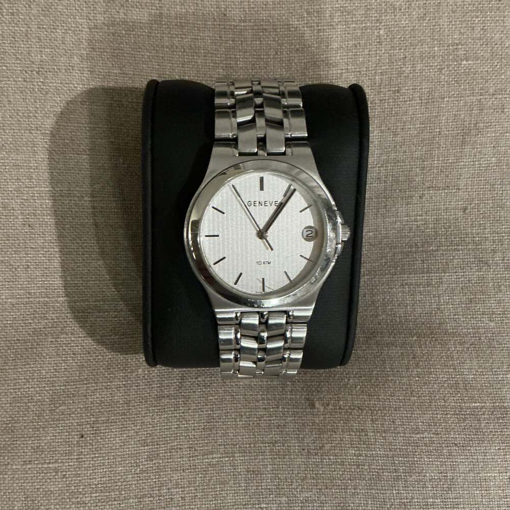 Geneve Stainless Steel Quartz Watch, White Textured Dial, 10 ATM Water Resistant
